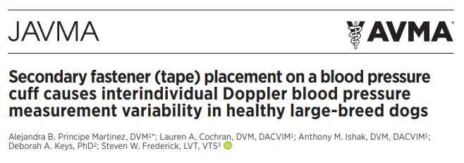 Research paper: Secondary fastener (tape) placement on a blood pressure cuff causes interindividual Doppler blood pressure measurement variability in healthy large-breed dogs