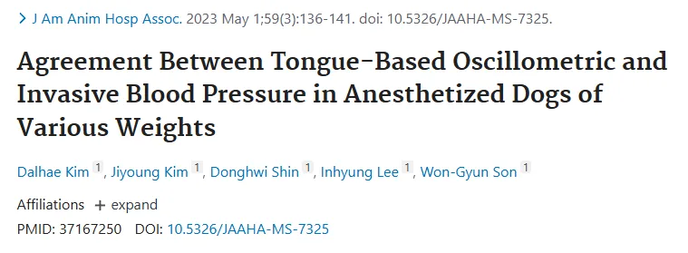Research paper: Agreement Between Tongue-Based Oscillometric and Invasive Blood Pressure in Anesthetized Dogs of Various Weights
