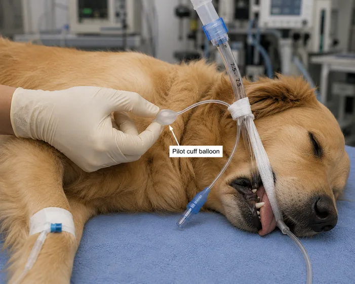 Pilot cuff balloon being palpated on an intubated patient