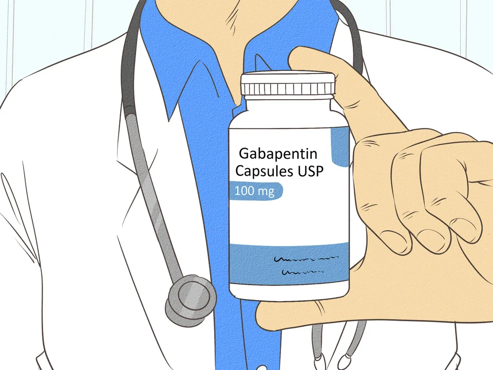 Illustration of a veterinary professional holding a bottle of gabapentin capsules